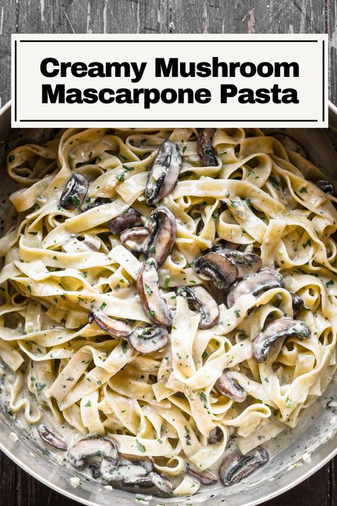 This Creamy Mushroom Mascarpone Pasta is a delicious savory vegetarian pasta dish with caramelized mushrooms, plenty of garlic, and al dente tagliatelle pasta in a luscious creamy mascarpone sauce. Comes together in about 30 minutes, making it a perfect easy vegetarian pasta recipe. Mascarpone Cream Sauce Pasta, Marscapone Sauce Recipes, Pasta With Marscapone, Marscapone Pasta Sauce Recipes, Mascarpone Pasta Sauce, Recipes With Mascarpone Cheese Dinners, Recipes With Marscapone Cheese Dinners, Pasta With Mascarpone Cheese, Mascarpone Pasta Recipes