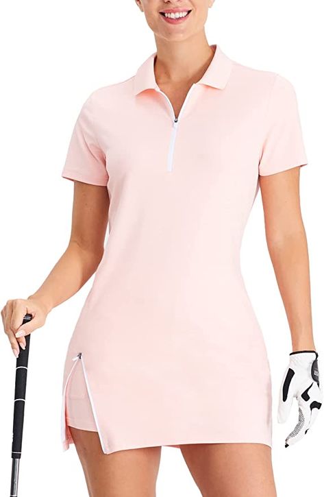 A half-zip polo collar shapes the shoulders and neckline and can be used to regulate internal temperature and provide better ventilation,while the knitted ribbed collar without rollover to stabilize the shape This golf dress adds a zipper at the hem to enhance your range of motion,and with the inner shorts, you won't be seen through when you are on the course.The color clash design and slim fit outline the figure and enhance the sporty-chic style to help you enjoy your beauty while you play Tennis Dresses, Womens Golf Wear, Trendy Golf, Athletic Dresses, Sporty Chic Style, Golf Dress, Preppy Women, Golf Attire, Golf Dresses