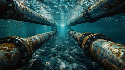 Underwater view of two parallel rusty pipelines extending towards a light source in clear blue water stock photos Clear Blue Water, Blue Water, Light Source, Stock Images, Stock Photos, Water, Blue