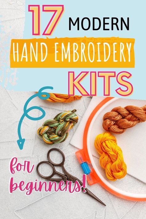 If you want to learn hand embroidery, an all in one kit is the best way to go! These modern embroidery kits include everything you need to get started right away | modern embroidery kits | embroidery for beginners | hand embroidery kit | how to embroider | craft kits Embroidery Kit For Beginners, Hand Embroidery Kits For Beginners, Embroidery Kits For Sale, Modern Hand Embroidery, Modern Embroidery Kit, Beginner Embroidery Kit, Hand Embroidery Kits, Diy Embroidery Kit, Hand Embroidery Kit