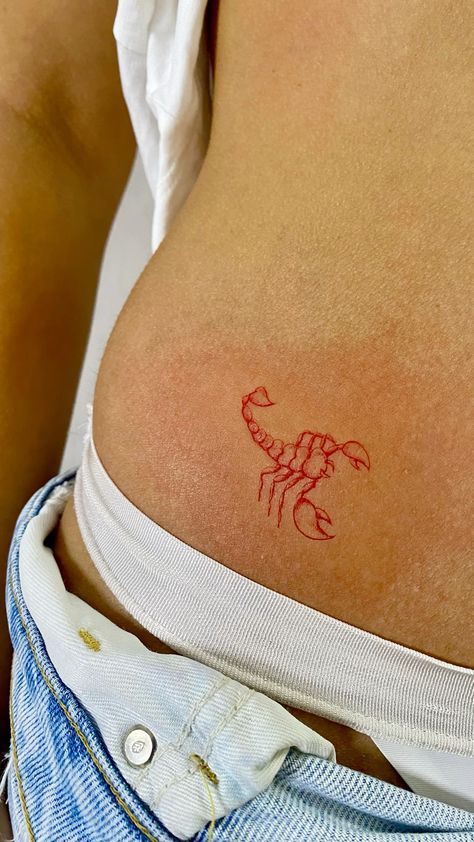 Lobster Fine Line Tattoo, Cute Red Ink Tattoos, Red Tattoo Chest, Simple Red Tattoos For Women, Scorpion Tattoos For Women, Back Tattoo Red Ink, Red Back Tattoo Women, Cute Red Tattoos For Women, Red Ink Tats