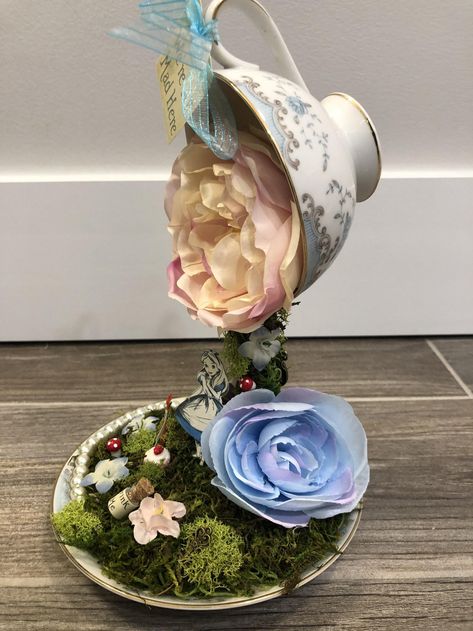 Teapot Centerpiece, Moss Flowers, Tea Party Centerpieces, Tea Cup Centerpieces, Floating Tea Cup, Alice In Wonderland Mad Hatter, Wonderland Mad Hatter, Alice In Wonderland Tea Party Birthday, Alice In Wonderland Inspired