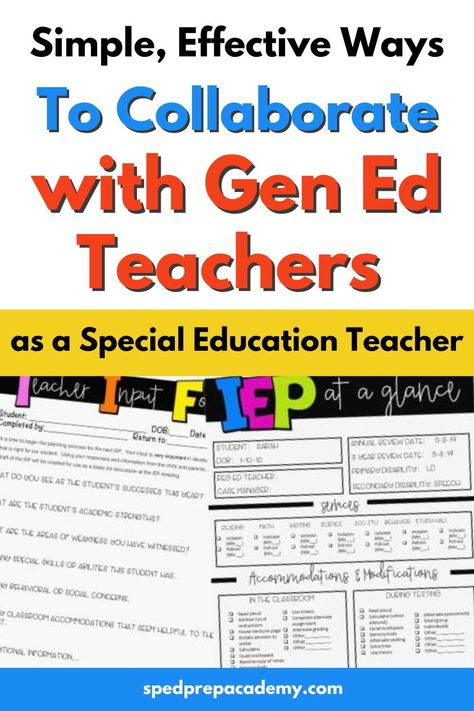 As a special education teacher having an effective way to collaborate with general education teachers will make your job so much easier. Making sure the entire IEP team is on the same page about your special education students’ IEP goals, services, accommodations, and modifications ensures that your students receive the service they need. Here are my top tips to simplify collaboration between special education teachers and general education teachers so you can work together for your students. Specially Designed Instruction, Resource Teacher Special Education, Due Process Special Education, Special Education Resource Teacher, Sped Inclusion Teacher, Special Education Paraprofessional, Sped Accommodations Tracker, Special Education Law, Special Education Organization