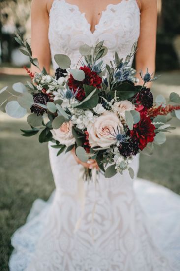 Navy Wedding Bouquet Fall, Fall Wedding Bouquets Navy, Wedding Bouquets With Burgundy, Blue Thistle And Burgundy Bouquet, Eucalyptus And Burgundy Bouquet, Sage Navy Burgundy Wedding, Burgundy Navy Wedding Bouquet, Blue And Burgundy Wedding Bouquet, Maroon And Navy Wedding Bouquet