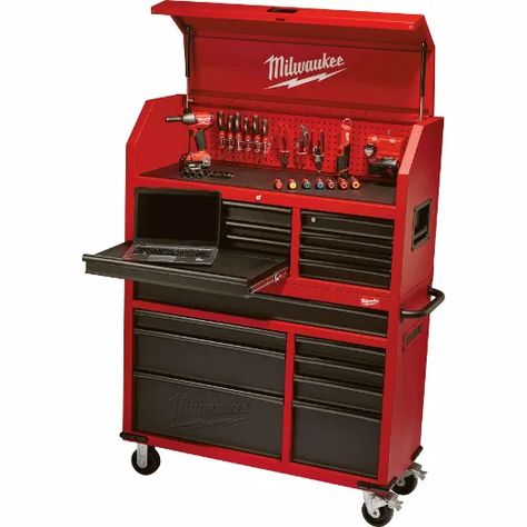 46” 16-Drawer Steel Storage Cabinet & Chest | Milwaukee Tool Milwaukee Tools Storage, Milwaukee Tool Box, Tool Chest Organization, Mechanic Tool Box, Tool Chests, Power Tool Storage, Tool Box Storage, Garden Tool Storage, Milwaukee Tools