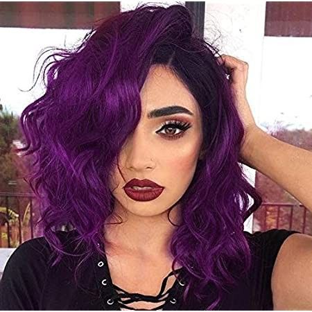 Natural Wavy Bob, Short Purple Hair, Wavy Bob Wig, Purple Ombre Hair, Bob Wig With Bangs, Party Wig, Wavy Bob, Bow Hairstyle, Pretty Hair Color