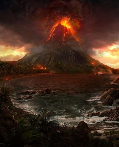 Volcano Island, Volcanic Eruption, Volcanic Landscape, Volcanic Landscape Concept Art, Volcanic City Fantasy Art, Volcano Village Fantasy Art, Volcanic Island, Volcanic Wasteland, Fantasy Volcanic Landscape