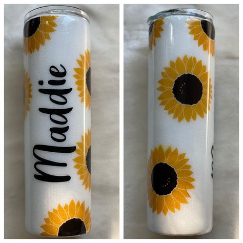 Sunflower name stainless steel double wall tumbler, sealed with FDA approved epoxy, this tumbler has white glitter if you do not want glitter please message me. Available in a 20, 30 and 35 ounce skinny tumbler. Straw included  Tumbler care: - not dishwasher safe  - not microwave safe  - do not soak - do not drop - do not leave in hot car Sunflower Names, Bachelorette Tumblers, Double Wall Tumbler, Resin Tumblers, Glitter Tumbler Cups, Double Wall Tumblers, Halloween Cups, Tumbler Photos, Tumbler Ideas