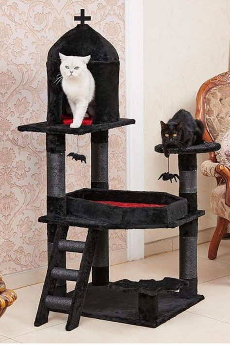 Gothic Cat Tree with Coffin Bed，55" Cat Tower with Spacious Cat Condo，Scratching Posts，Spider Hanging Ball，Multi-Level Cat Activities Furniture for Large Cats, Black Halloween #halloween #cattree Coffin Bed, Gothic Home Decor Ideas, Cat Activities, Gothic Cat, Cats Stuff, Cats Black, Cat Activity, Trap House, Cat Perch