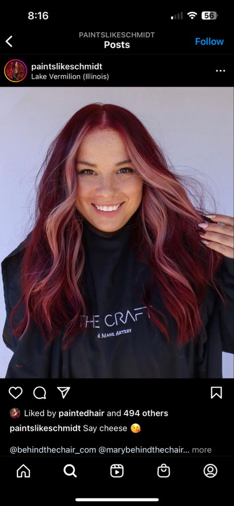 Burgundy Hair With Pink Peekaboos, Dark Red Hair With Rose Gold Highlights, Wine Hair With Pink Money Piece, Dark Red Hair Pink Money Piece, Burgandy Hair Blonde Highlights, Red With Money Piece Hair, Wine And Pink Hair, Red Violet Hair With Blonde Money Piece, Red Hair With Front Highlights