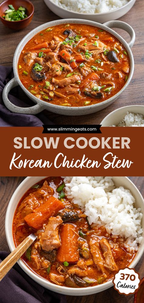 Delicious Slow Cooker Korean Chicken Stew! Inspired by my love for Korean cuisine, this recipe combines tender chicken thighs, mushrooms, and carrots with the delicious taste of gochujang, sesame oil, and garlic that create a flavoursome spicy sauce. Healthy Asian Slow Cooker Recipes, Asian Chicken Stew Recipes, Thai Chicken Stew, Carrot Chicken Recipes, Low And Slow Recipes, Slow Cook Chicken Stew, Slow Cooker Asian Soup, Chicken Stew In Slow Cooker, Slow Cooker Chinese Chicken