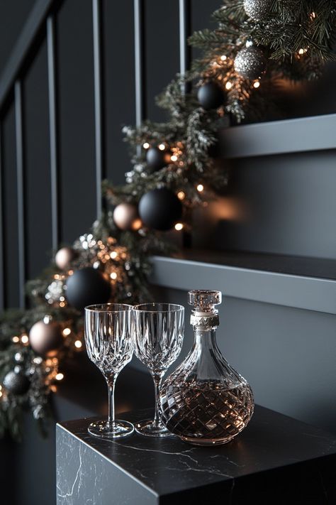 Transform your space with this elegant Christmas home decor. The sleek black and silver ornaments paired with twinkling lights create a sophisticated holiday ambiance. Perfect for modern interiors! #ChristmasHomeDecor #HolidayStyle #FestiveVibes Monochromatic Christmas Decor, Decorated Christmas Trees Ideas, Dark Christmas Decor, Monochromatic Christmas, Christmas Trees Ideas, Moody Christmas, Elegant Christmas Decor, Dark Christmas, Christmas Kitchen Decor