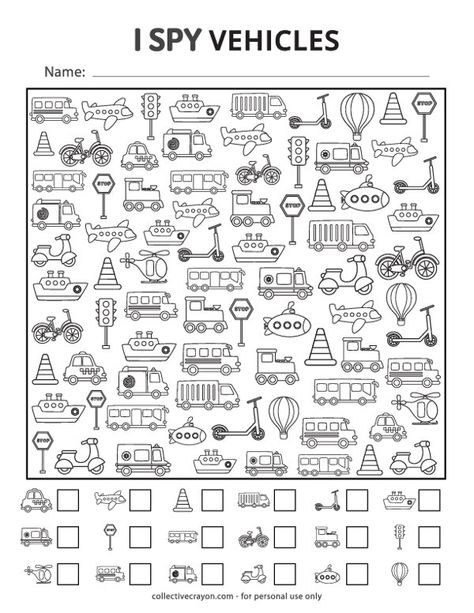 Free Printable I Spy Vehicles Worksheet Vehicle Sorting Activity, Worksheets Math For Kindergarten, Car Worksheet Preschool, I Spy Printables For Kids Free, Year 1 Worksheets, Train Activities For Kids, Vehicles Worksheet, Mazes For Kids Printable, Transportation Worksheet