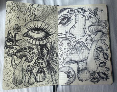 Hippie Journal Ideas, Hippie Sketches Doodles, Doodles Trippy, Indie Doodles, Messy Sketchbook Aesthetic, Indie Sketches Doodles, Doodle Mushroom, Hippie Doodles, Mushroom Doodle