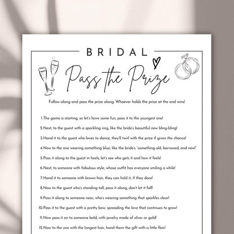 Bridal Shower Pass the Prize Game | Fun Bridal Shower Activity | Rhyming Pass the Gift Game | Bridal Shower Printable | Instant Download | Gender Neutral Make your bridal shower extra special with this exciting Pass the Prize Game! This fun, interactive game is perfect for keeping guests entertained as they pass a gift around the room based on charming, rhyming prompts. It's an ideal icebreaker, adding laughter and engagement to your bridal shower celebration. Whether you're hosting a traditiona Bridal Shower Bubble Gum Game, Bridal Shower Games Gifts, Modern Bridal Shower Games, Pass The Gift Bridal Shower Game, Pass The Prize Bridal Shower Game, Bridal Shower Game Prizes For Guests, Bridal Shower Activities Not Games, Bridal Shower Games Funny Interactive, Gift Passing Game