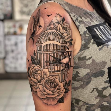 Birdcage Tattoo | Tattoo Ideas and Inspiration | Mike Sledz Victorian Bird Cage Tattoo, Caged Heart Tattoo, Bird Cage Tattoos For Women, Open Bird Cage Tattoo, Bird And Cage Tattoo, Bird Sleeve Tattoo Women, Bird Cage Tattoos, Bird And Cage Tattoo Freedom, Caged Bird Tattoo