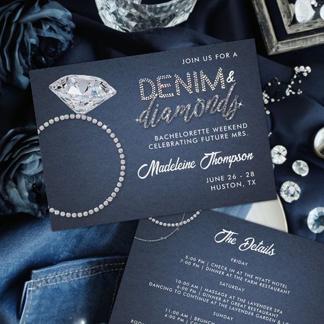 Denim Diamonds Wedding Ring Bachelorette Itinerary Invitation Diamonds Bachelorette, Chic Bachelorette, Elegant Classy Wedding, Itinerary Invitation, Party Itinerary, Denim Background, Lets Go Girls, Lavender Spa, Bachelorette Itinerary