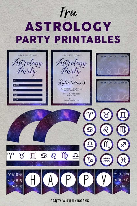 Are you planning an Astrology Party or Horoscope Party? Download this free list set of Astrology Party printables to use at your event. The set includes Astrology Party Invitations, Astrology  Water bottle Labels, Astrology Birthday Banners, Astrology  Thank-you Cards, Astrology Cupcake Toppers, and Wrappers. Horoscope Birthday Party, Horoscope Party, Astrology Party, Zodiac Party, Teenager Party, Easy Party Favor, Galaxy Party, Astrology Birthday, Zodiac Birthdays