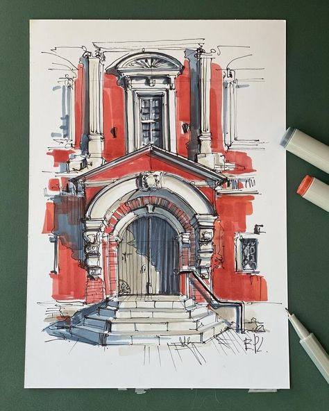 Ink and Markers Architectural Drawing Architecture Marker Sketch, Guache Architecture, Marker Art Architecture, Ink And Marker Art, Marker Building Drawing, Drawing With Sketch Markers, Colored Markers Art, Urban Sketching Marker, Building References Drawing