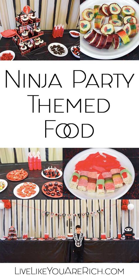 My son wanted a Ninja Party for his 6th Birthday. It was a fun theme and super easy to find items for—especially Ninja Party Themed Food. The kids all LOVED this ninja party food table. #livelikeyouarerich #ninjaparty #partythemed #food #birthday Ninja Birthday Party Food Ideas, Ninja Birthday Cupcakes, Diy Ninja Birthday Party Ideas, Karate Party Food, Ninja Birthday Food Ideas, Ninja Party Food Ideas, Ninja Themed Food, Ninja Birthday Party Food, Ninjago Party Food