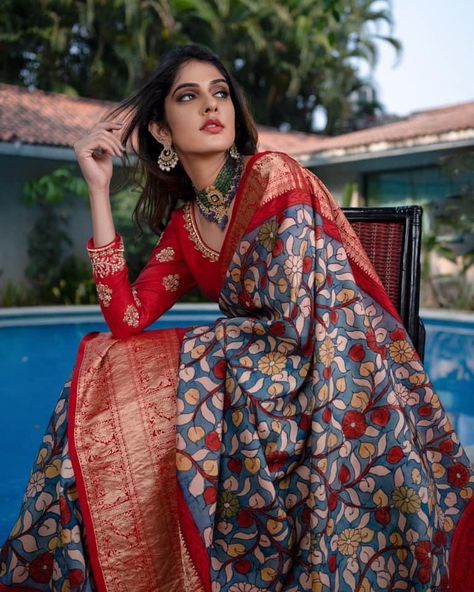 Kanchi Kalamkari Is The Hottest Trend In South India! - ShaadiWish South Indian Silk Saree, Kalamkari Designs, Kalamkari Blouse, Simple Saree Designs, Indian Bridal Sarees, New Saree Blouse Designs, Wedding Saree Collection, Indian Saree Blouses Designs, Indian Silk Sarees