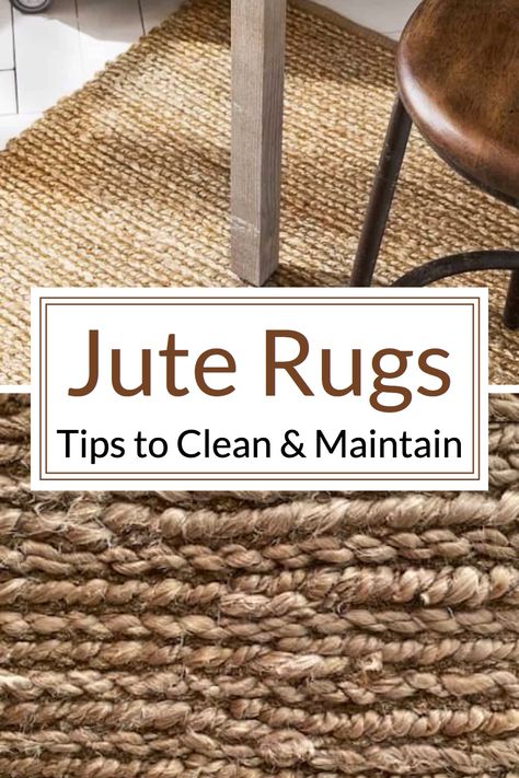 close up of jute fiber and under stool with text overlay jute rugs tips to clean and maintain Jute Rug Interior Design, Jute Rug Living Room Farmhouse, Jute Area Rugs In Living Room, Jute Rug Leather Couch, Natural Jute Rug Living Room, Jute Rug Living Room Decor, Jute Rug Cleaning, Sisal Rugs In Living Rooms, How To Clean Jute Rug