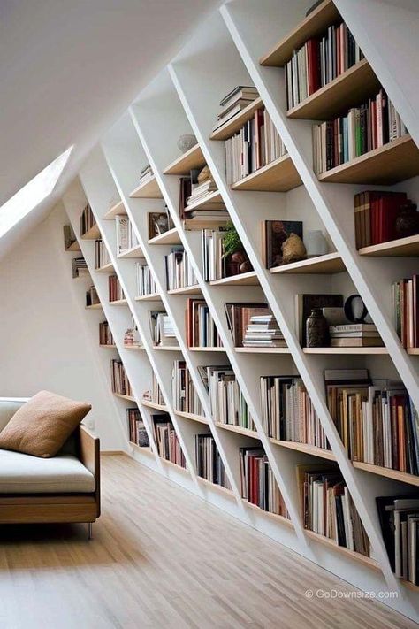 Book Storage Ideas, Ideas For Small Homes, Floor To Ceiling Bookshelves, Small Attic, Home Library Design, Attic Remodel, Attic Rooms, Basement Remodel, Home Libraries