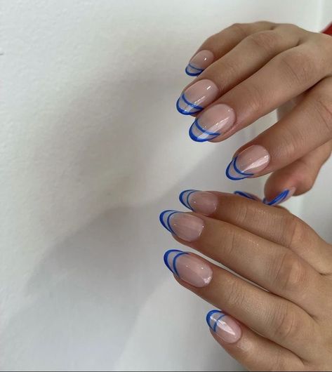 French Nails Two Lines, Blue Line Acrylic Nails, French Tip Nails Lines, Two Line French Tip Nails, Blue Line Nail Designs, Blue Rounded Nails, Two Line French Nails, Lined French Tip Nails, Blue Lines Nails