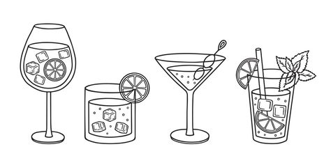 Hand drawn set of Tropical exotic cocktails doodle. Summer Alcoholic Drinks in sketch style. Vector illustration isolated on white background. Cocktail Drawing Illustration, Cocktail Drawing Simple, Cocktail Doodle, Summer Alcoholic Drinks, Blackboard Design, Cocktails Drawing, Drink Doodles, Summer Drinks Alcohol, Window Color