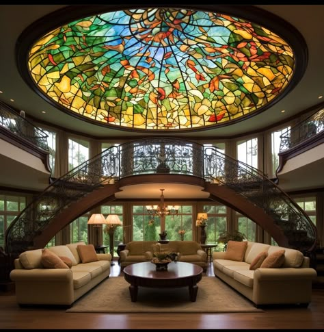 Stained Glass Dome Ceiling, Glass Dome House, Stain Glass Ceiling, Stained Glass Architecture, Stained Glass Interior, Glass Roofs, Bachelorette House, Stained Glass House, Dome Room