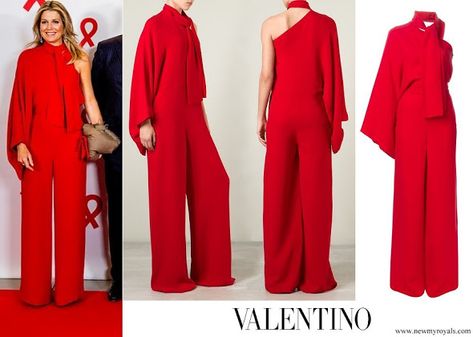 Luxury Red Pantsuit For Parties, Luxury Red Elegant Palazzo Set, Elegant Designer Red Palazzo Set, Luxury Red Long Sleeve Palazzo Set, Red Dress Valentino, One Shoulder Jumpsuit, Queen Maxima, Muslim Women, Red Ribbon