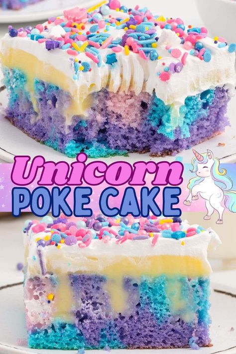 Unicorn Poke Cake recipe is a whimsical way to make a moist, colorful cake that’s poked and filled with pockets of pudding, covered with Cool Whip, and decorated with a dusting of sparkle sprinkles. Perfectly pretty for birthday parties, unicorn parties, Pride month, or any special occasion. #pokecake #unicorn Unicorn Poke Cake, Fun Poke Cakes, Rainbow Cake Sprinkles, Easy Unicorn Birthday Party Ideas, Funfetti Poke Cake Recipes, Unicorn Sheet Cake, Unicorn Birthday Cake Ideas, Rainbow Unicorn Birthday Cake, Unicorn Fluff