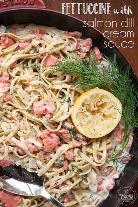 Fettuccine with Salmon Dill Cream Sauce made with smoked salmon, fresh dill, lemon and heavy cream is an insanely delicious and easy to make pasta dinner. #salmon #smokedsalmon #pasta #creamsauce #easy #dinner Dill Cream Sauce, Salmon Dill, Dill Salmon, Sauce For Salmon, Cream Pasta, Healthy Salmon Recipes, Salmon Pasta, Healthy Salmon, Cooked Breakfast