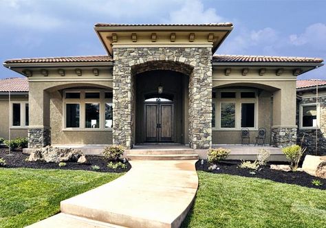 Italian Villa® - Provo Canyon Grey - Stone Veneer | This bea… | Flickr Coronado Stone, Exterior House Design, Mediterranean Homes Exterior, Painted Houses, Home Styles Exterior, House Main Gates Design, House Shutters, Stucco Exterior, Casas Coloniales