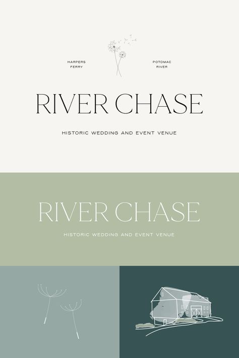 Logo design and branding elements for a historic wedding venue in Harpers Ferry, West Virginia incorporating custom illustrations and a nature inspired color palette. | wedding venue brand, wedding venue brand design, wedding venue logo ideas, wedding venue logo barn, rustic wedding venue logo, modern wedding venue logo, event venue logo design, dandelion logo design branding, dandelion logo ideas, dandelion logo illustrations, dandelion logo graphics, dandelion seeds drawing Venue Logo Design, Dandelion Logo Design, Wedding Venue Logo, Venue Logo, Dandelion Graphic, Dandelion Logo, Barn Rustic Wedding, Harpers Ferry West Virginia, Color Palette Wedding