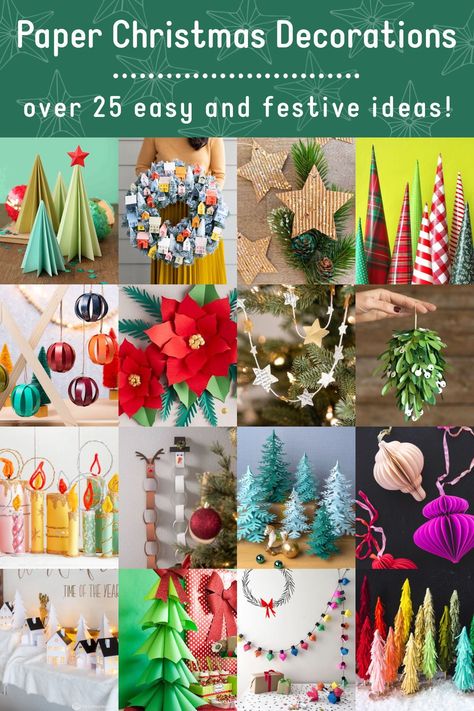 Learn how to make paper Christmas decorations perfect for your holiday home! Get inexpensive ideas perfect for a variety of skill levels. There are stars, ornaments, trees, garlands, and more. Christmas Decorations Diy For Kids Easy Paper, Paper Christmas Decorations Printables, Wrapping Paper Decor, Christmas Crafts With Cardstock, Christmas Decor From Paper, Xmas Tree Garland Ideas, Christmas Diy Paper Crafts, Paper Garland Ideas Christmas, Christmas Decor Paper Diy