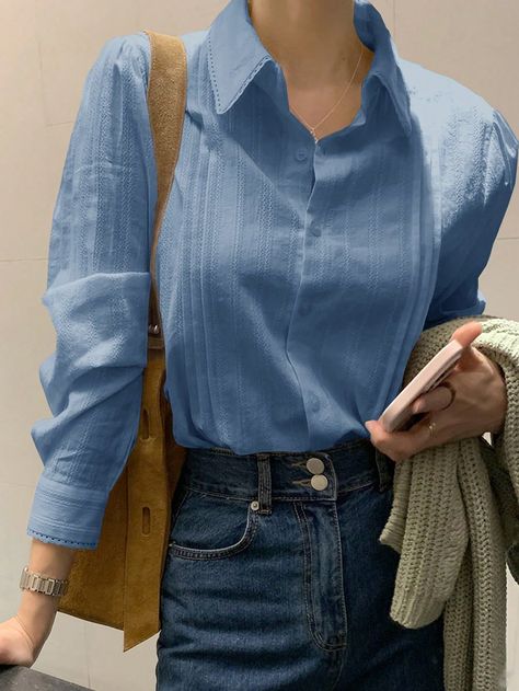 Women Casual Solid Color Fold Pleated Blouse, Spring & Autumn Teal Blue Casual  Long Sleeve Fabric Plain Shirt Non-Stretch  Women Clothing, size features are:Bust: ,Length: ,Sleeve Length: Pleated Blouse, Plain Shirts, Teal Blue, Women Clothing, Womens Tees, Blouses For Women, Casual Women, Length Sleeve, Womens Tops