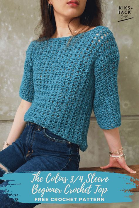 Easy 3/4 Sleeve Crochet Top Free Pattern - Kiks and Jack Crochet Crochet Top Free Pattern, Sleeve Crochet Top, Crochet Tunic Pattern, Crochet Sweater Free, Crochet Tee, Crochet Sweater Pattern Free, Modern Crochet Patterns, Crochet Sweaters, Sleeve Crochet