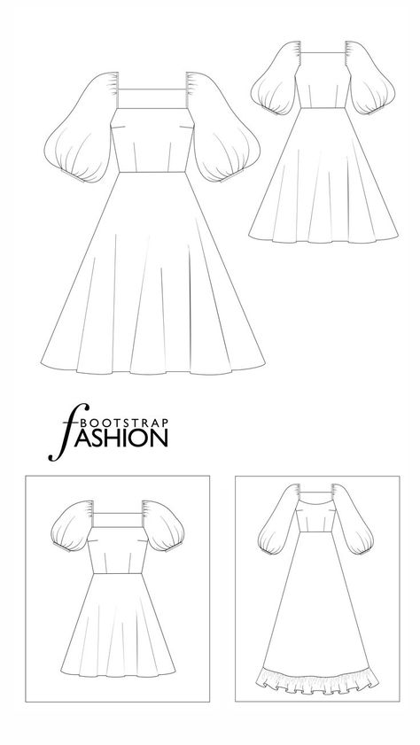 Sew yourself an elegant dress! Check pattern #85321 on our website. #diydress #sewingpattern #dresspattern #bootstrapfashion #sewinginstructions #sewing Fancy Dress Patterns Sewing, Sawing A Dress Pattern, Elegant Dress Patterns Free, Sew Formal Dress, Dress Collar Designs, White Dress Sewing Pattern, Fashion Sewing Pattern Free Dress, Free Puff Sleeve Dress Pattern, Cottagecore Dress Drawing