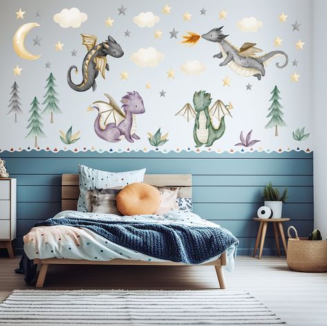 "Such a fun set for your son or daughter's nursery, bedroom or playroom. Four playful dragons in beautiful watercolors, together with trees, clouds, grass and stars. Our fabric decals are amazing. They are applied to the wall very easily - just peel off the backing paper and finger press in place.  Your decals will look like they have been painted on your wall.  Decal sizing information: 1. Dragon #1 - 22\" x 10\" 2. Dragon #2 - 16\" x 13\" 3. Dragon #3 - 15\" x 13\" 4. Dragon #4 - 15\" x 14\" 5 Dragon Wallpaper Nursery, How To Train Your Dragon Nursery Theme, Dnd Baby Nursery, Unique Baby Nursery Ideas, How To Train Your Dragon Nursery, Dragon Nursery Girl, Fun Nursery Themes, Fantasy Nursery Ideas, Baby Dragon Nursery