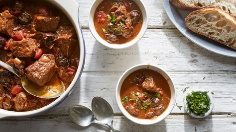 Braised dishes like this beef stew may feature green, orange, yellow or red vegetables but their most appetizing color is brown, the shade of brown whose glossy darkness shouts intensity and richness The key to achieving that glorious color and flavor is sufficient browning of the meat Don't rush Old Fashioned Beef Stew, Prune Recipes, Red Vegetables, Cold Weather Food, Nyt Cooking, Beef Stew Recipe, Plum Tomatoes, Saute Onions, Riesling