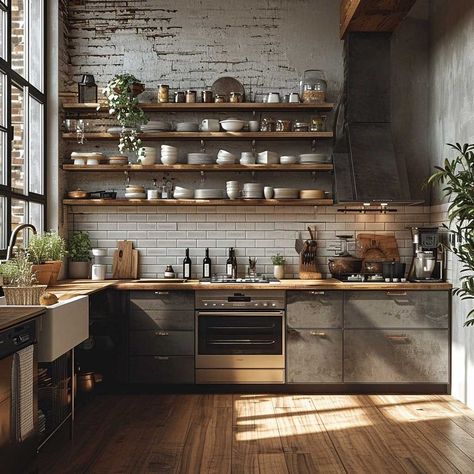 Open Plan Kitchen Living Room Scandinavian, Minimalist Apothecary, Industrial Scandinavian Living Room, Industrial Scandinavian Interior, Scandinavian Industrial Interior, Apothecary Kitchen, Industrial Scandinavian, Bungalow Kitchen, Cabin Chic