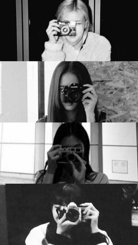 Blackpink With Camera, Blackpink Black, Rosé Blackpink Aesthetic, Blink Book, Black Pink Background, Black Hair Kpop, Rosé Aesthetic, Blackpink Poster, Blackpink Members