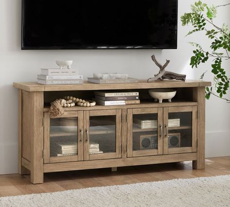 Wood Media Console, Media Furniture, Construction Crafts, Small Space Solutions, Media Cabinet, Farmhouse Furniture, Kiln Dried Wood, Tv Console, Media Console