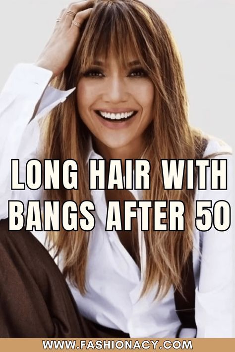 Money Penny Hair, Long Hairstyles For Women Over Fifty, Long Layered Haircuts Over 50, Layered With Bangs Long Hair, Medium Length Hair Styles With Long Bangs, Adding Bangs To Long Hair, Hairstyles For Medium Length Hair Over 50 Bangs Long Layered, Bangs For 40+, Bangs 2024 Long Hair