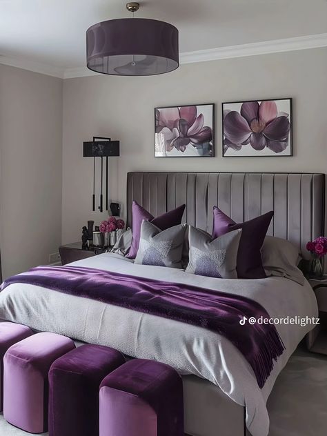 Purple Grey And Black Bedroom, Purple Gray Black Bedroom Ideas, Black White And Purple Bedroom, Bedroom Inspo Purple, House With Purple Door, Gray And Purple Bedroom Ideas, Purple And Grey Bedroom Ideas, Grey And Purple Bedroom, Black And Purple Bedroom