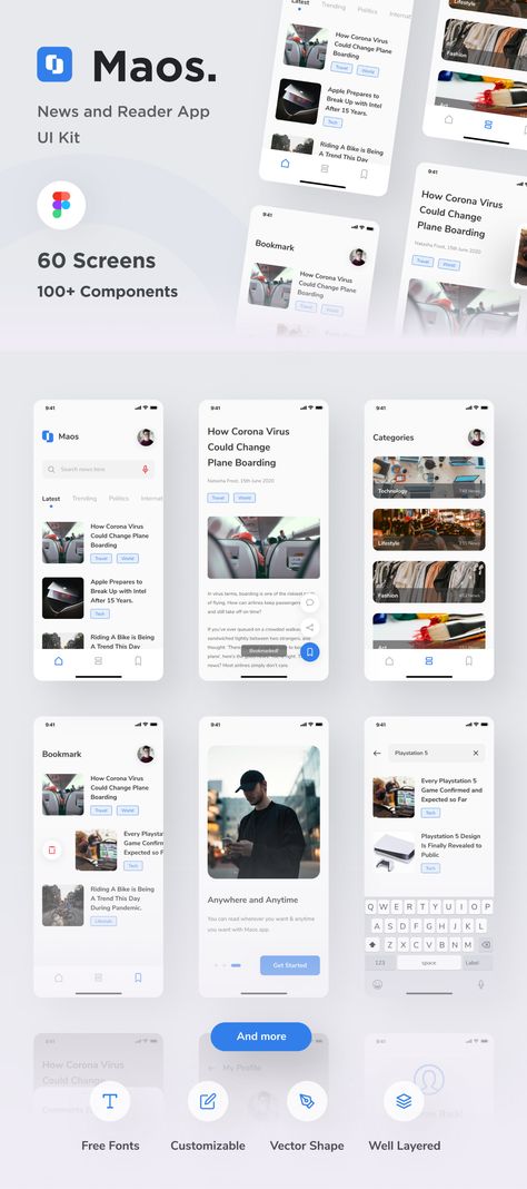 Maos is a food delivery app UI Kit with a clean and sleek style contains 60 high-quality screens and 100+ components for iOS with iPhone X screen size (375px X 812px) ready to use and ready to kickstart your design process.  Maos UI kit is only compatible with Figma, with well layered and organized, responsive resize, and with free fonts family from Google Fonts. Delivery App Ui, App Home Screen, Ad App, Card Ui, Android Design, Food Delivery App, Ux Mobile, Mobile App Design Inspiration, Mobile News