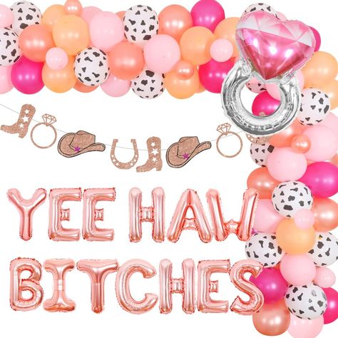 Yeehaw Bitches Balloon Garland Arch Kit Rose Gold, Cowgirl Garland for Nashville Bridal Shower Supplies. Include 1pc yeehaw bitches foil balloon 16 inches, 55pcs latex balloons 12 inches, 10pcs latex balloons 5 inches, 1pc western cowgirl garland, 1pc diamond ring foil balloon 25.59*23.82 inches, 1pc balloon tape strip and 1 roll of adhesive dots. Value package for western cowgirl hen party decorations. Cowgirl Hens Party, Cowgirl Hens, Hens Ideas, Hen Party Decorations, Garland Arch, Cowgirl Party, Shower Supplies, Hens Night, Arch Kit