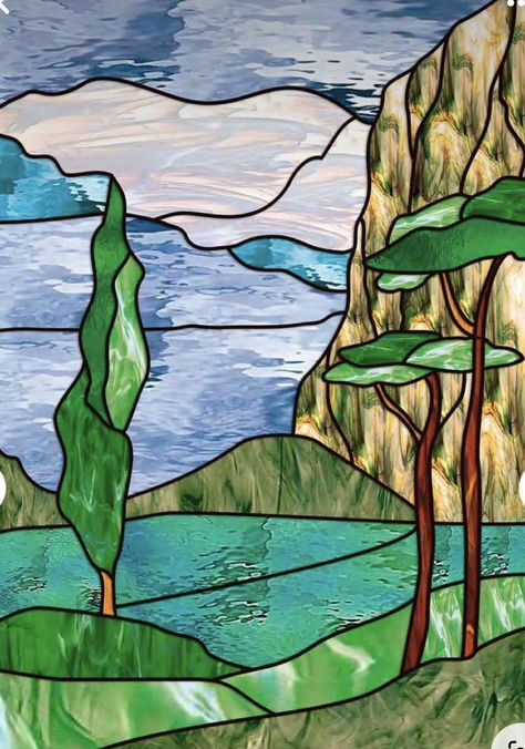 Mosaic Mountains, Stained Glass Landscape, Cherokee Dress, Modern Stained Glass, Stained Glass Door, Glass Painting Designs, Glass Fusing Projects, Glass Inspiration, Stained Glass Suncatchers