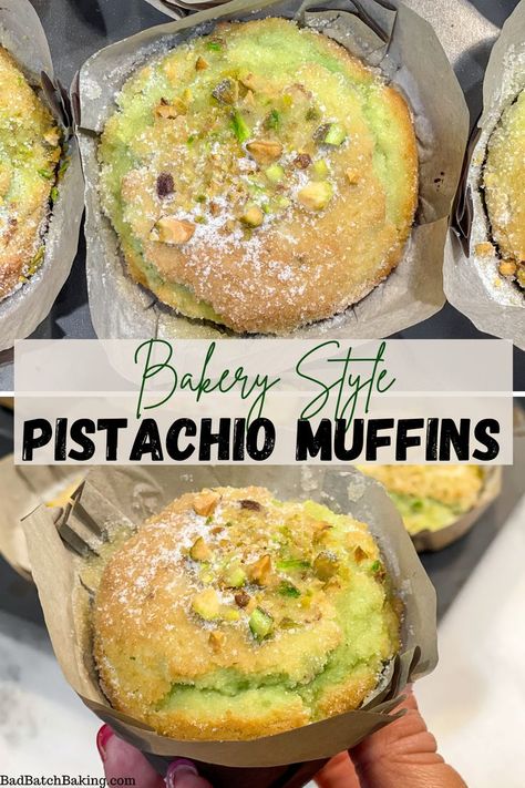 Green pistachio muffins in a pan Pistachio Muffins, Pistachio Recipes, Kolaci I Torte, Muffin Tins, Baking Sweets, Breakfast Breads, Breakfast Brunch Recipes, Bread Recipes Homemade, Breakfast Time